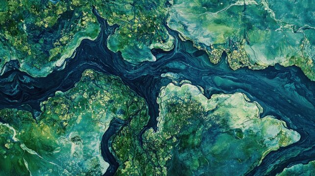 Aerial view of coastal waterways, green landscape. Background shows intricate river systems. Use environmental, geographical illustration