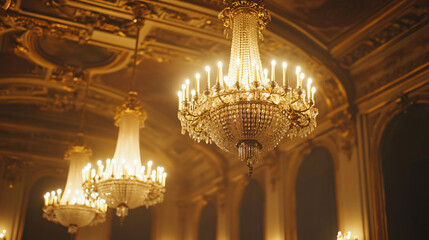 1900 elegant ballroom with ornate chandeliers.