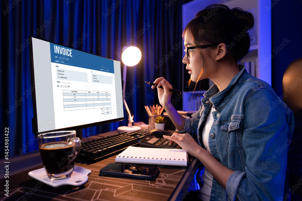 Poster invoice on computer screen from accounting application. computer program for financial and budget of