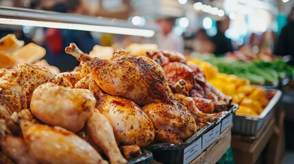 Naklejka premium Market display of grilled chicken with spices and vegetables around