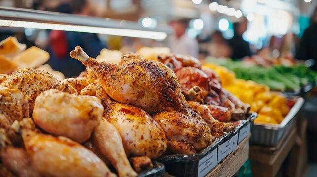 Market display of grilled chicken with spices and vegetables around