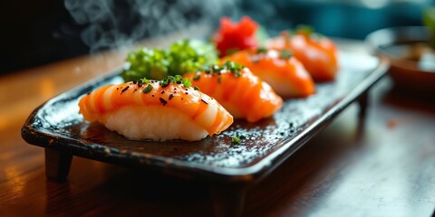 Steaming salmon nigiri sushi arrangement on a plate, a close up shot showcasing the delicate texture and vibrant color, for restaurant menu or food blog article.