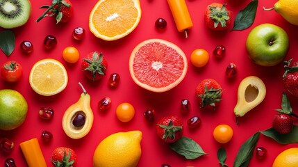 Fruit flatlay with sliced citrus and whole produce on red surface