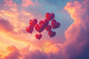 Obraz premium heart-shaped balloons drifting through a colorful sunset sky filled with soft clouds