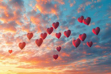 Naklejka premium heart-shaped balloons floating through a colorful sunset sky filled with soft clouds