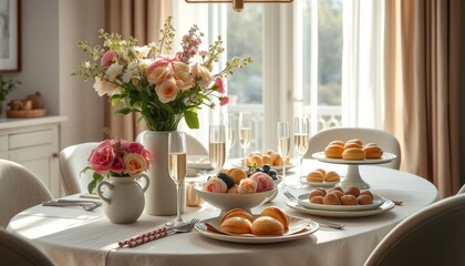 Elegant table setting featuring fresh flowers, sparkling champagne and delightful pastries for a refined dining experience