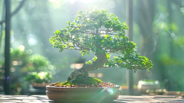 Green bonsai tree in pot gardening concept natural beauty
