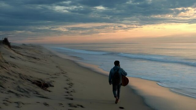 Solitary figure strolls sandy beach at dawn carrying guitar, leaving footprints in the wet sand, watching ocean waves.