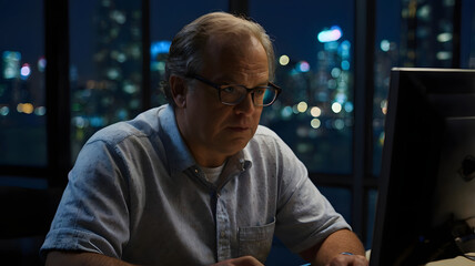 man working in front of computer at night