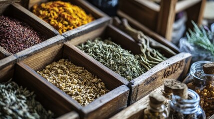 Box display of dried herbs and spices at traditional outdoor market
