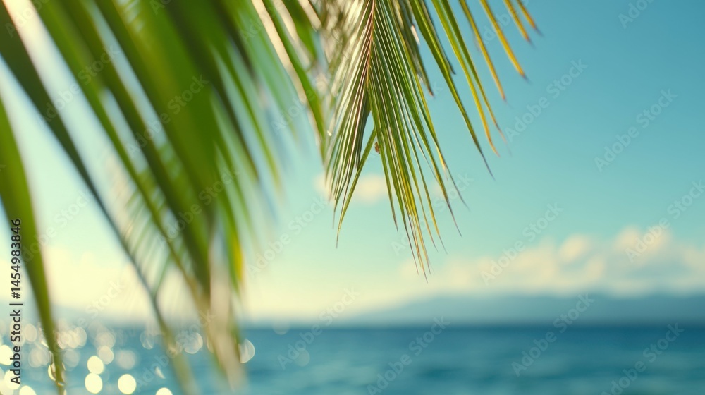 Poster a palm tree is shown with its leaves in the foreground and the ocean in the background. concept of r