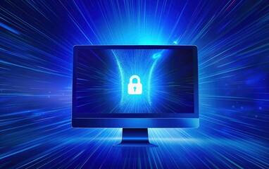 Cyber security concept with glowing padlock and screen. Digital protection theme.
