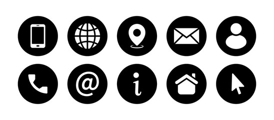 Visiting card icon set in black and white color vector elements for business card design. Phone, call, contact, web, location, home, cursor, message, profile and information icons collection.