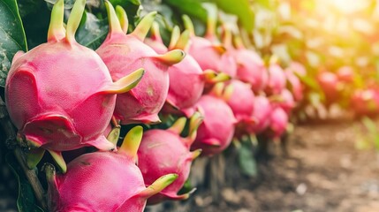 Pink dragon fruit growing on vines