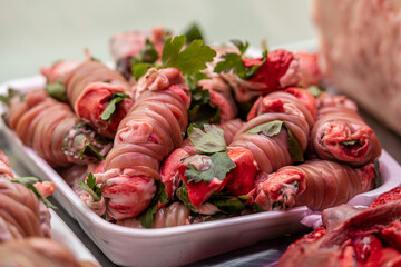 Gnummareddi in a butcher's. Lamb interior rolls, coming from southern Italy and precisely from Puglia, Molise and Basilicata