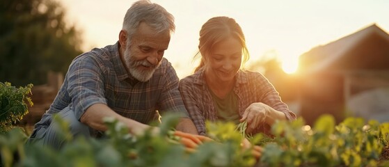 Senior man and woman happily harvest carrots in garden, enjoying sunset.