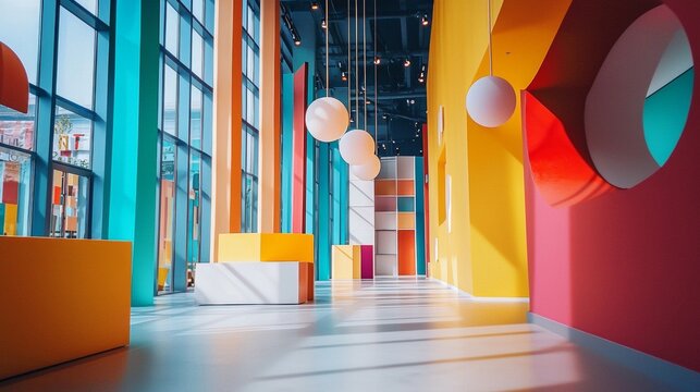 Modern hallway interior with geometric wall panels and bold color scheme