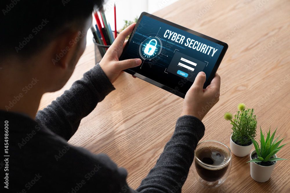 Poster cyber security system on computer screen protect private information snugly from hacker and cyber at