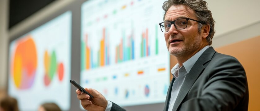 Middle-aged Caucasian man lectures using pointer during conference, presenting financial data charts.