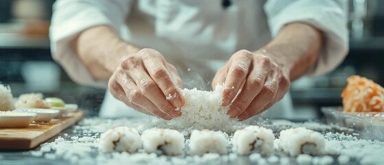 Sushi chef meticulously prepares traditional sushi rolls, demonstrating culinary expertise.