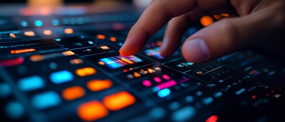 Finger touches illuminated touchscreen interface, manipulating digital controls, showcasing precision, fostering engagement.