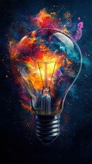 Stunning light bulb surrounded by vibrant color explosion representing creativity and innovation