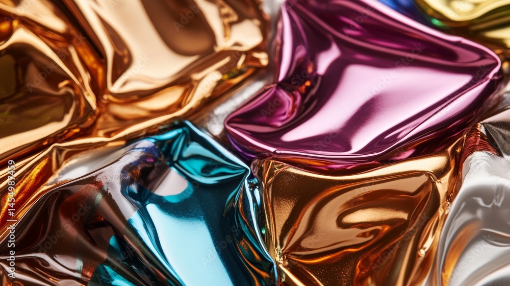 Poster wrinkled metallic foil with multicolored reflective surfaces and abstract form