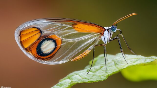 Colorful glasswing butterfly in nature macro photography tropical environment close-up view