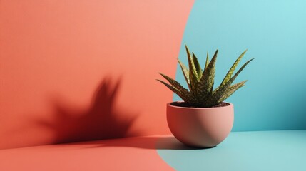 Small plant in pink pot casting strong shadow on colorful background