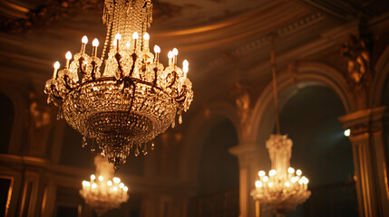 1900 elegant ballroom with ornate chandeliers.