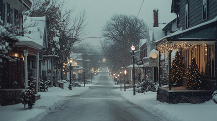 1900 festive winter scene with snowfall in town.