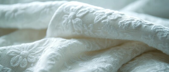 Obraz premium White lace fabric showcases delicate floral pattern with soft folds, creating refined and romantic aesthetic.