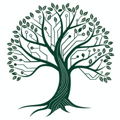 Obraz premium Digital Tree Art with Circuit Branches and Green Leaves 