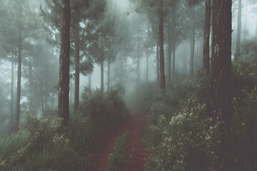 Obraz premium Enigmatic Path in Mist: A tranquil forest trail weaves through a mysterious, misty landscape, leading the eye into a realm of quiet solitude and the serene allure of nature.