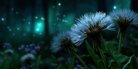 Enchanted night garden with glowing flowers and mystical atmosphere in a forest setting