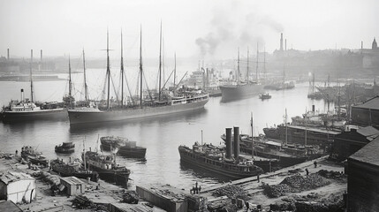 1900 industrial harbor with steamships and docks.