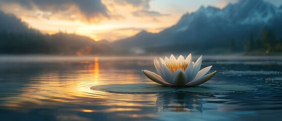 Lotus flower floats serenely on lily pad within reflective lake at sunrise, showcasing peaceful tranquility.