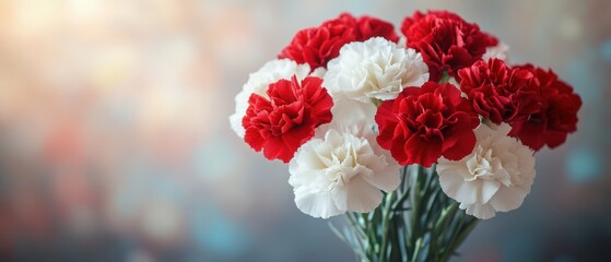 Carnations present delicate bouquet featuring red, white blossoms in vase, evoking feelings affection.