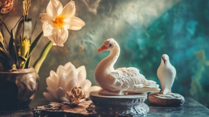 Obraz premium White swans with lotus flowers in fantasy soft blue forest pond