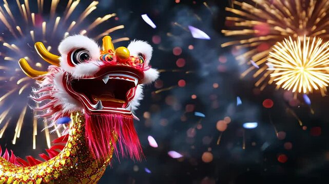 Colorful dragon head celebrating with fireworks and confetti