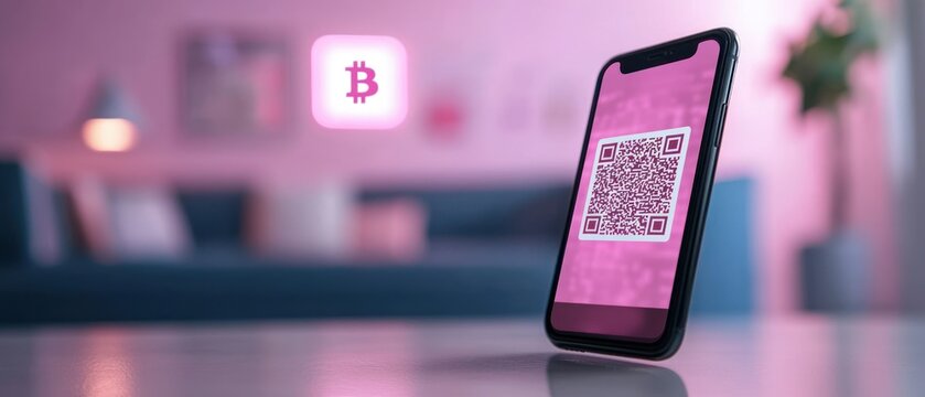 Smartphone displays QR code with Bitcoin icon signifying digital transaction amidst soft, pink ambiance symbolizing modern finance.