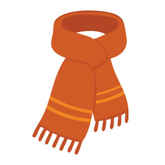 Cartoon flat illustration of orange scarf with stripes and tassels. Cozy autumn and winter accessory.