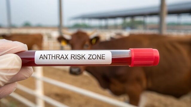 Anthrax Disease Warning with Sample collection indicating anthrax risk near cattle.