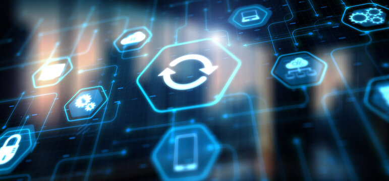 Update. Businessman touching icon. Hardware upgrade technology concept