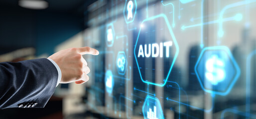 Businessman clicks Audit Auditor Financial service compliance concept