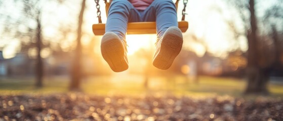 Child swings back and forth on a swing, enjoying autumn's golden hour.