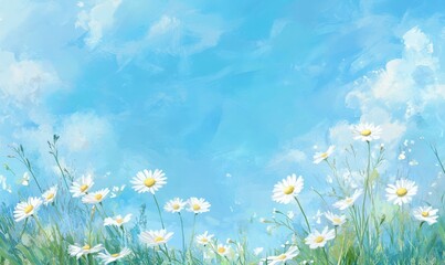 spring Field of daisies and blue sky background