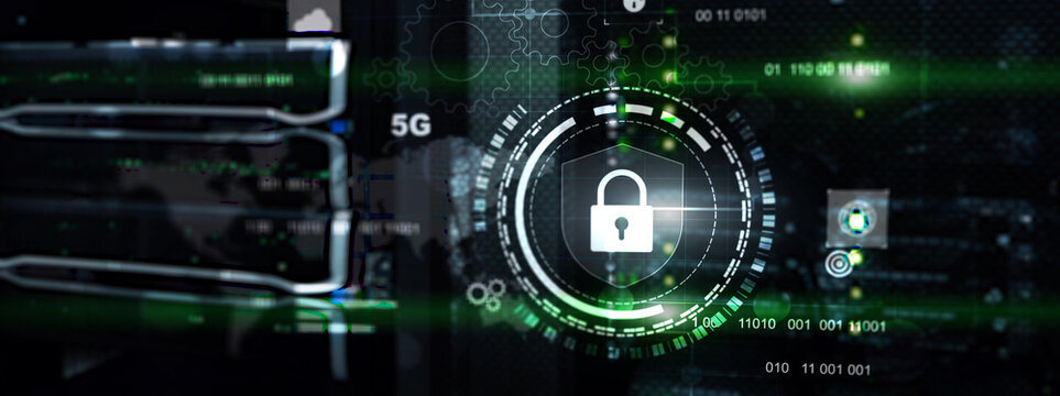 Cyber protection shield icon on server room background. Information Security 2025