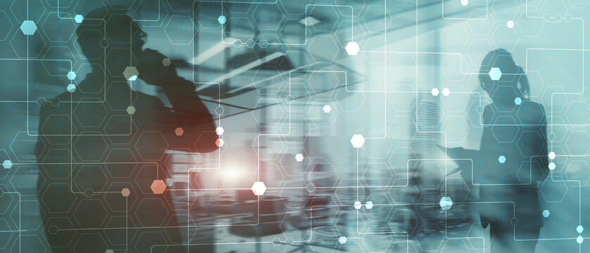 Technology industrial business process workflow organisation structure on virtual screen. Honeycombs and binary code