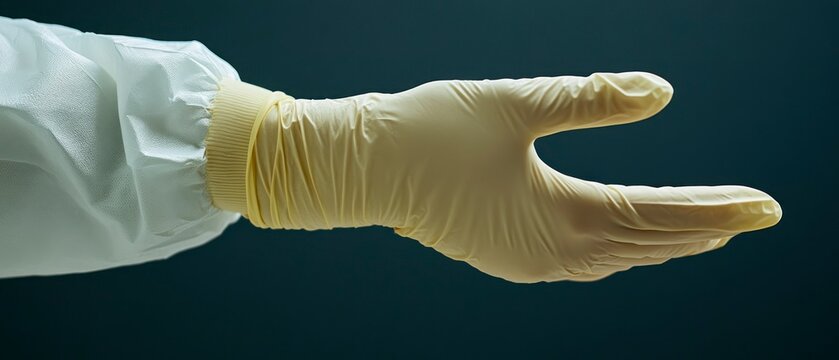 Gloved hand extends, showing the importance of safety, protection, sanitation, and sterility in various medical and scientific environments.